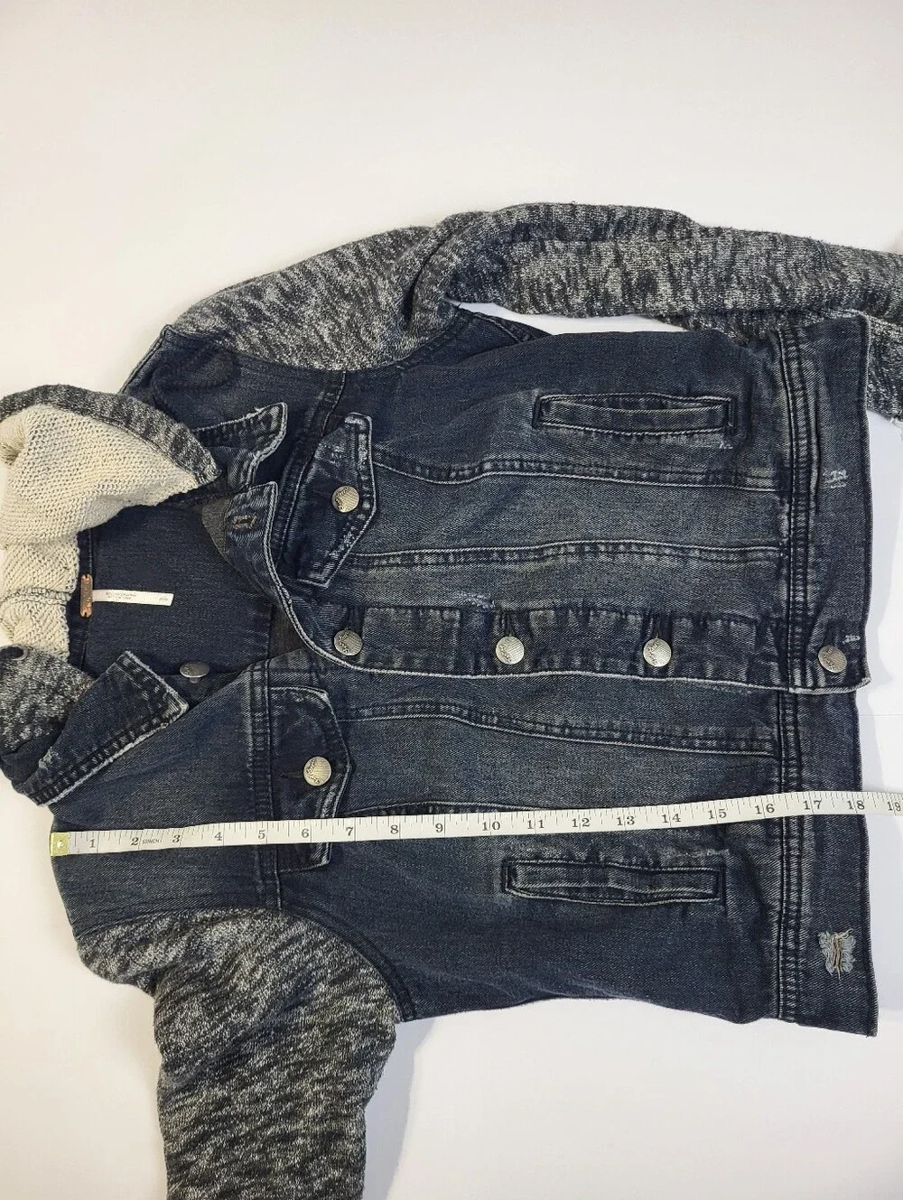 Free People Distressed Black Denim Mixed Knit Jacket Hoodie Boho Punk Small